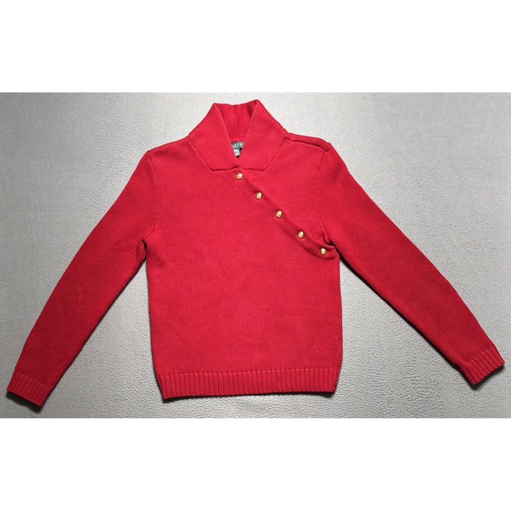 Lauren Ralph Lauren Asymetrical Buttons Sweater Womens Size M Red Holiday Preppy